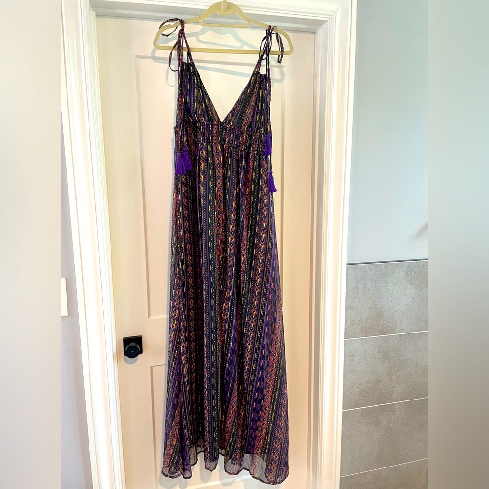 Fab’rik purple & gold tassel tie maxi dress.